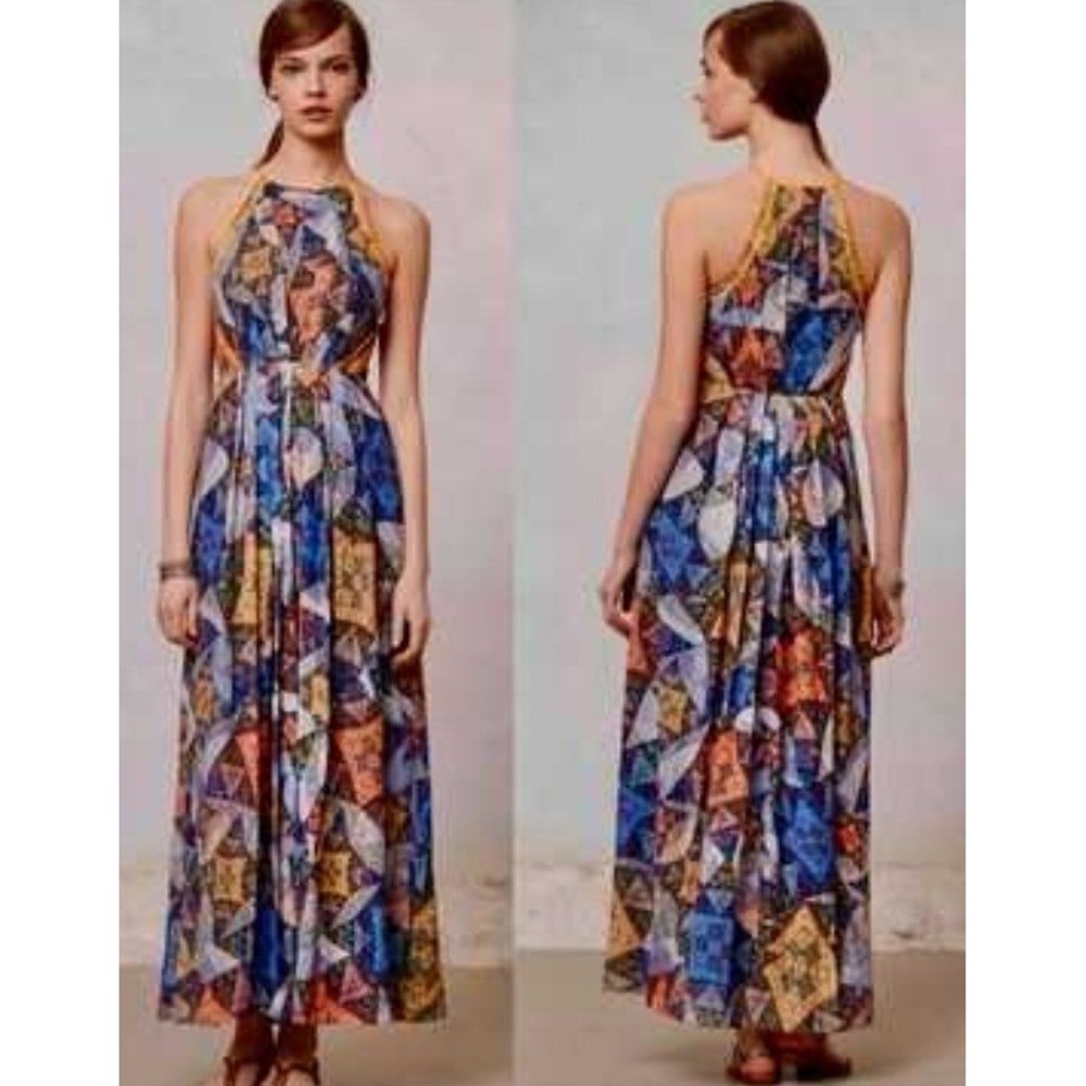 Ranna Gill Chiffon Maxi Dress S Multicolor Patchwork Print Boho Studded Halter